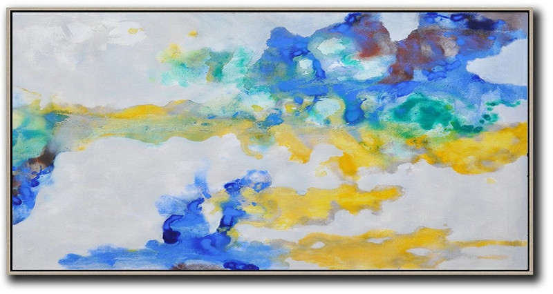 Original Painting Hand Made Large Abstract Art,Panoramic Abstract Oil Painting On Canvas,Canvas Artwork For Sale,Grey,Yellow,Blue.etc